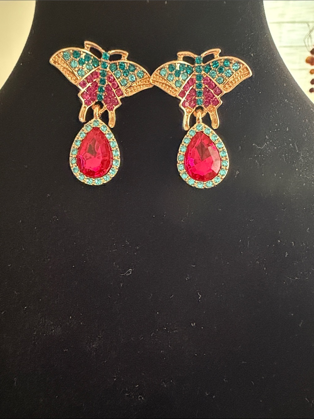 Gold Butterfly Drop Earrings with Pink and Turquoise Crystals
